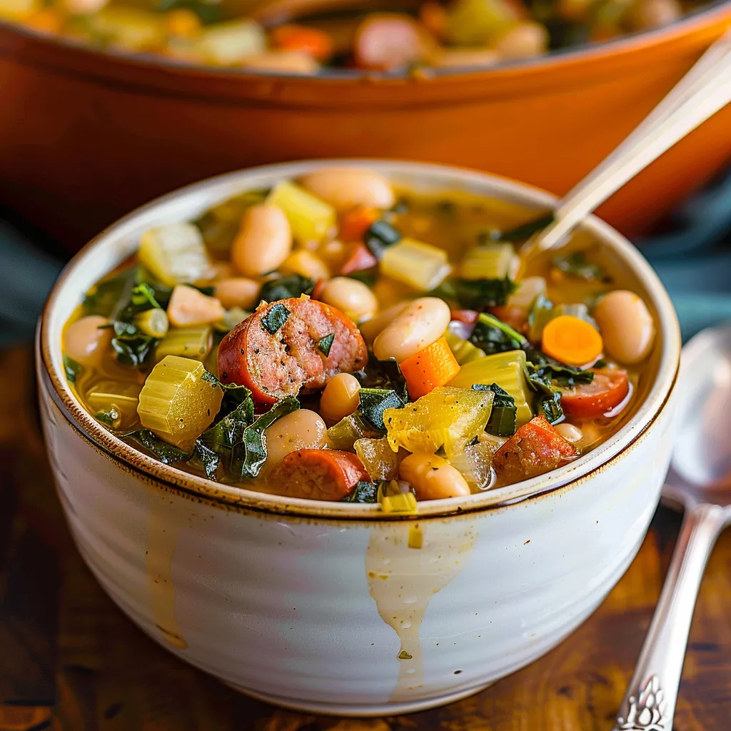 A bowl of soup with a spoon in it.