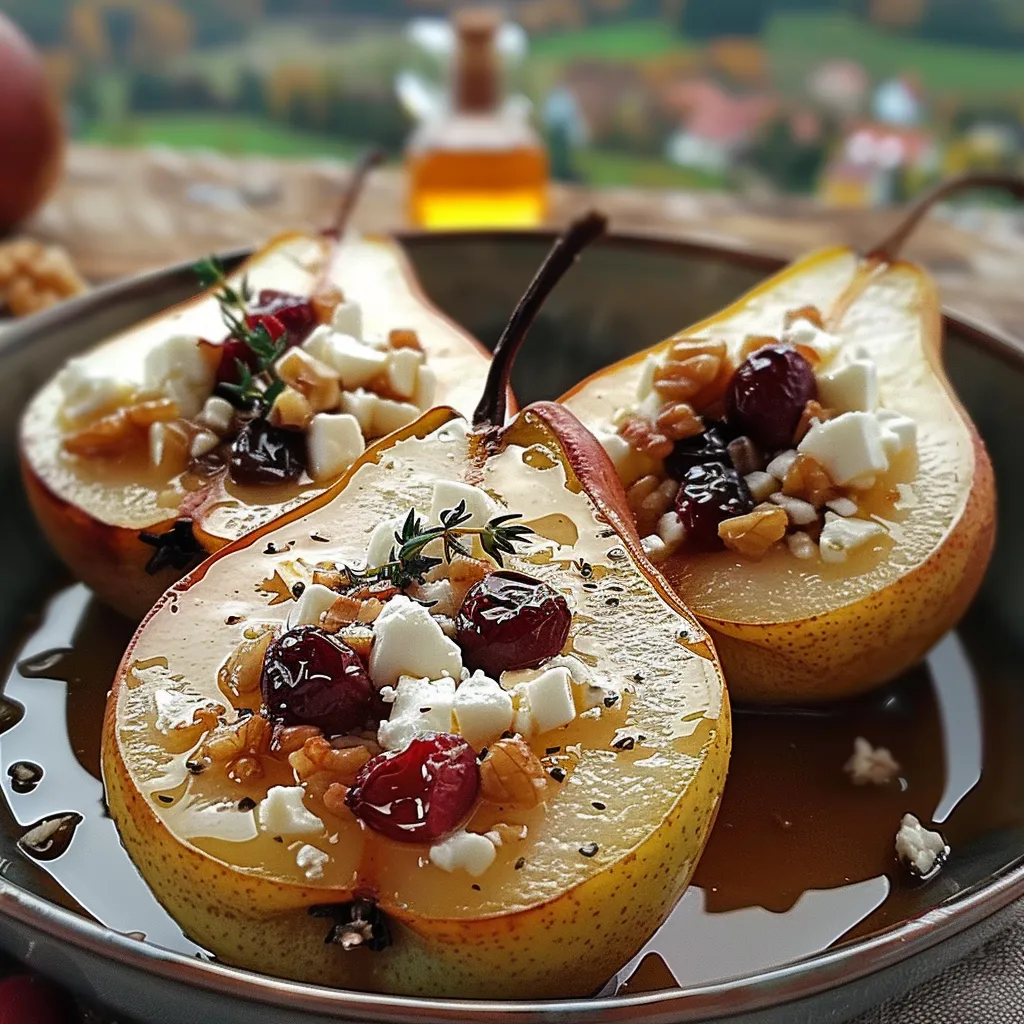 Halved pears topped with cranberries and cheese.