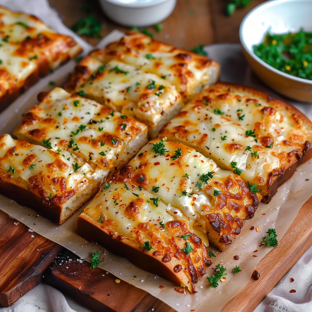 A wooden cutting board with slices of cheese bread.