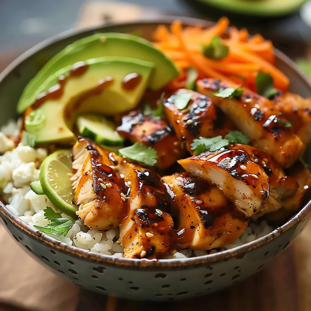 A hearty meal bowl with chicken, avocado, and veggies.