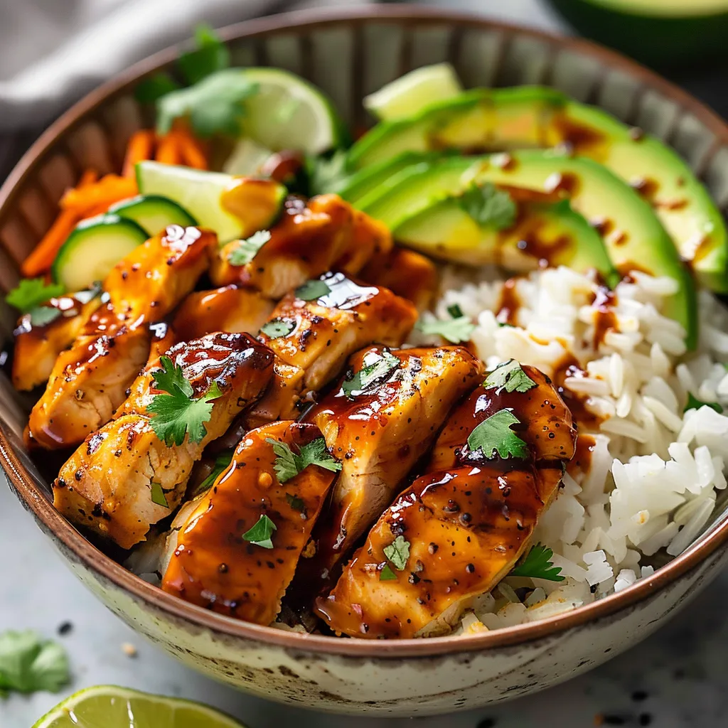A bowl of food with rice, meat, and vegetables.