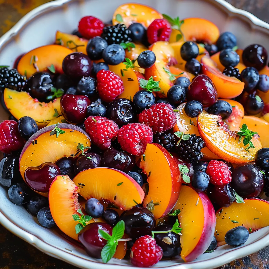 A colorful fruit mix with peaches, blueberries, raspberries, and blackberries.