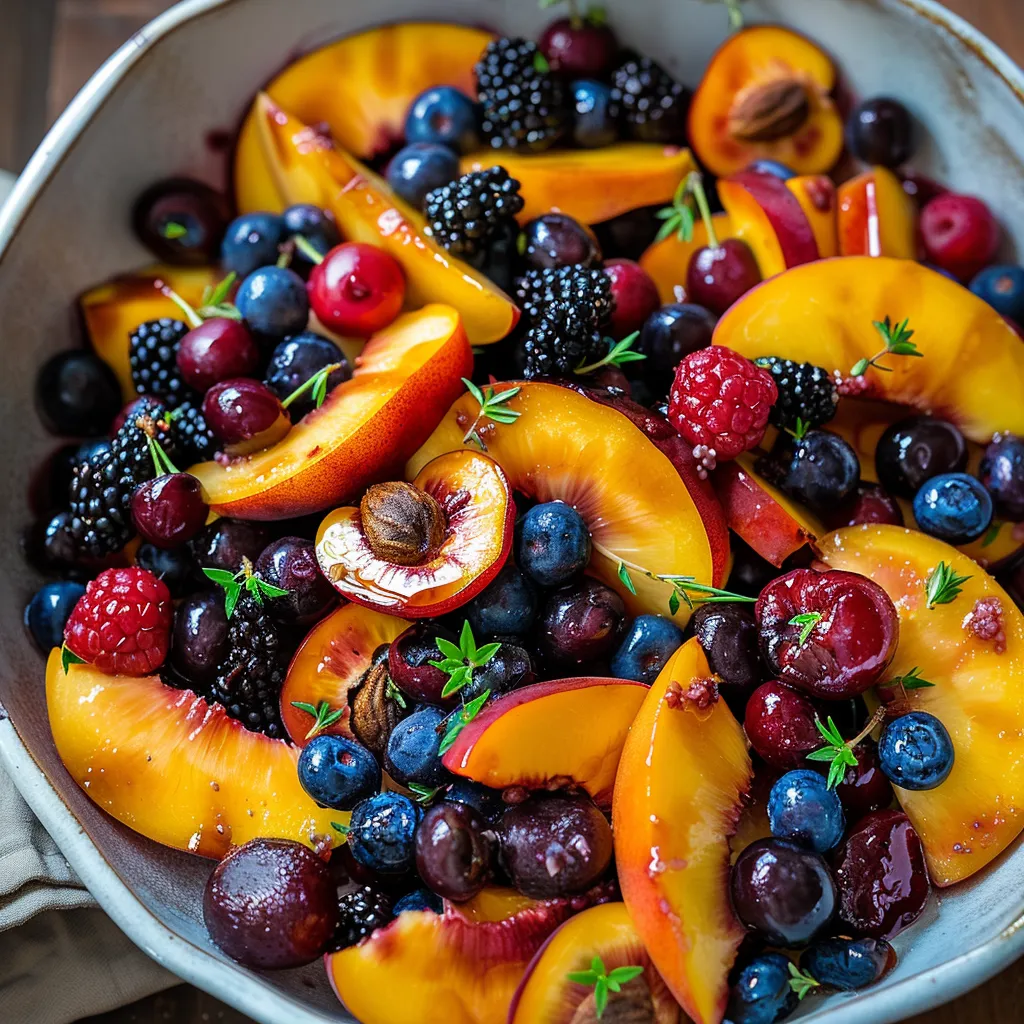 A bowl of fruit with blueberries, peaches, and blackberries.