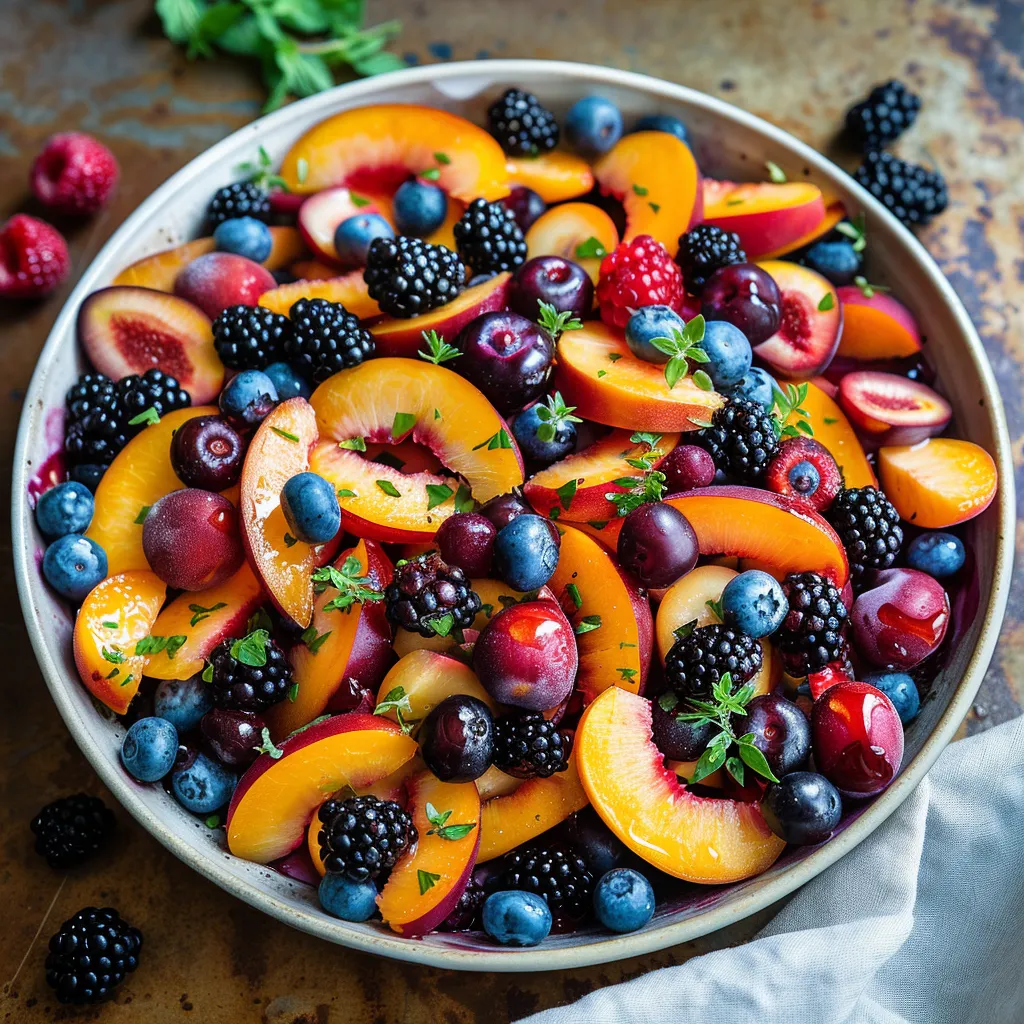 A bowl of fruit with blueberries, raspberries, peaches, and blackberries.