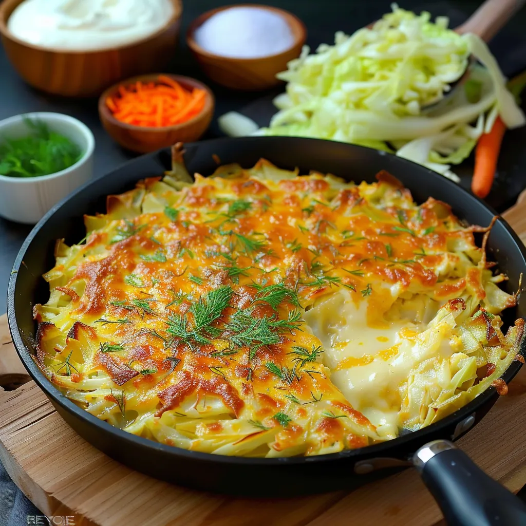 A pan of cheesy cabbage topped with herbs next to a fork and veggie bowl.