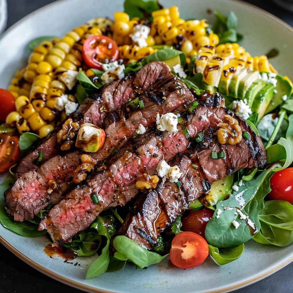 A vibrant plate with steak, grilled corn, fresh greens, and tomatoes.
