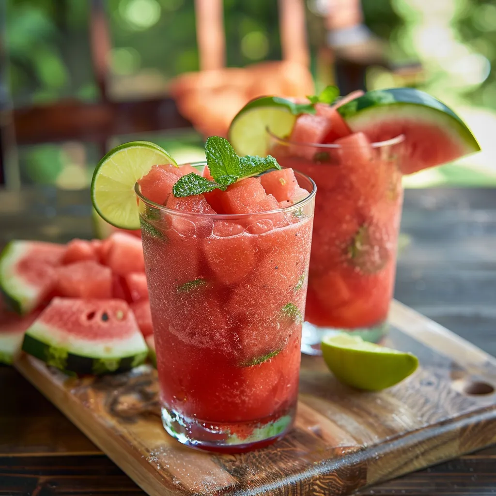 Two glasses filled with blended icy watermelon, topped with mint and melon slices.