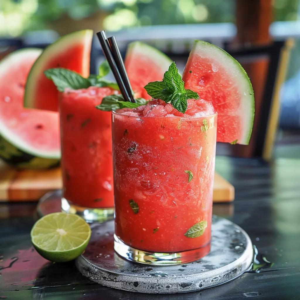 Two glasses of watermelon juice with mint leaves.
