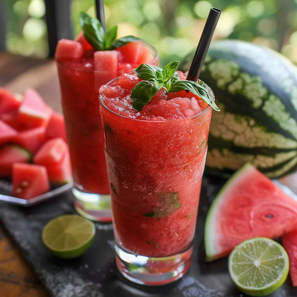 Two glasses of watermelon slushie with mint leaves.