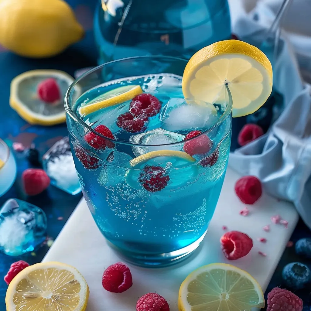 A glass of blue raspberry lemonade with a lemon wedge.