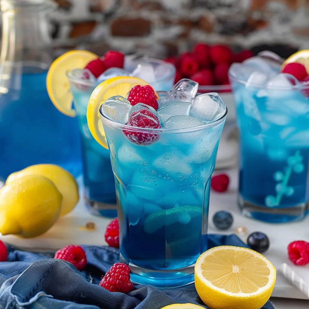 Glass of blue lemonade topped with lemon slices and raspberries.