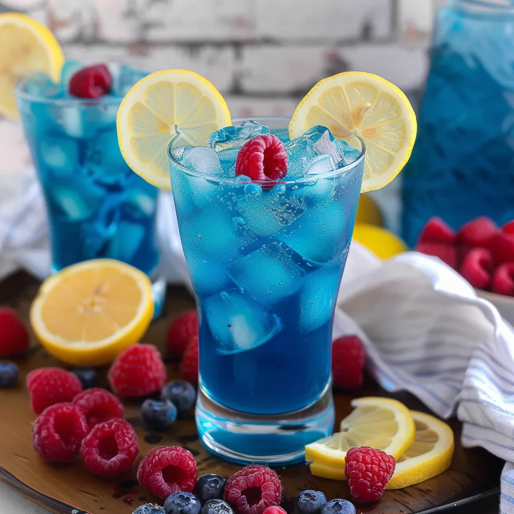 A glass of blue lemonade with a slice of lemon and a raspberry.