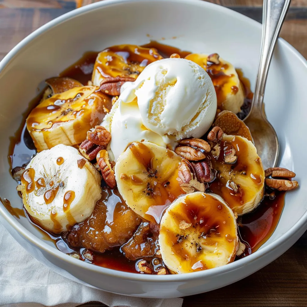 A bowl of ice cream with caramel bananas.