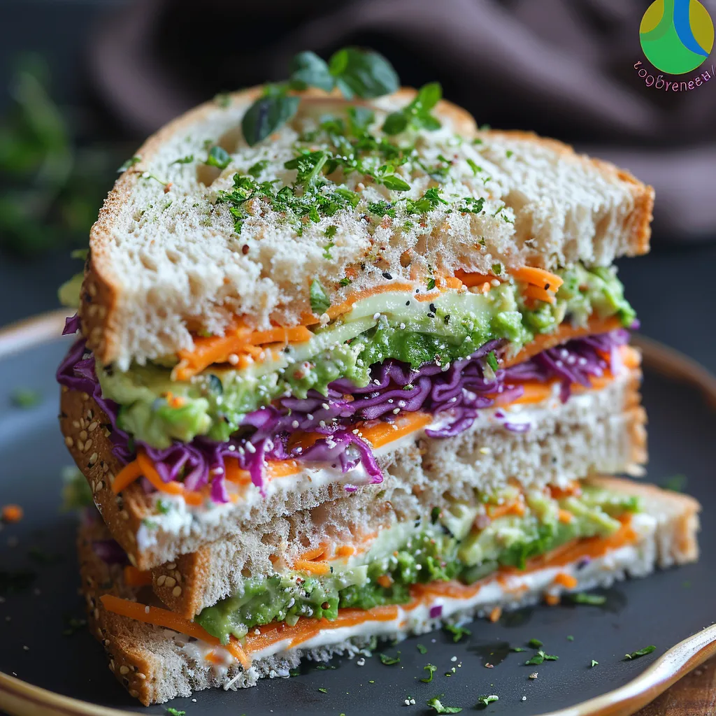 A sandwich filled with fresh veggies like avocado and lettuce.