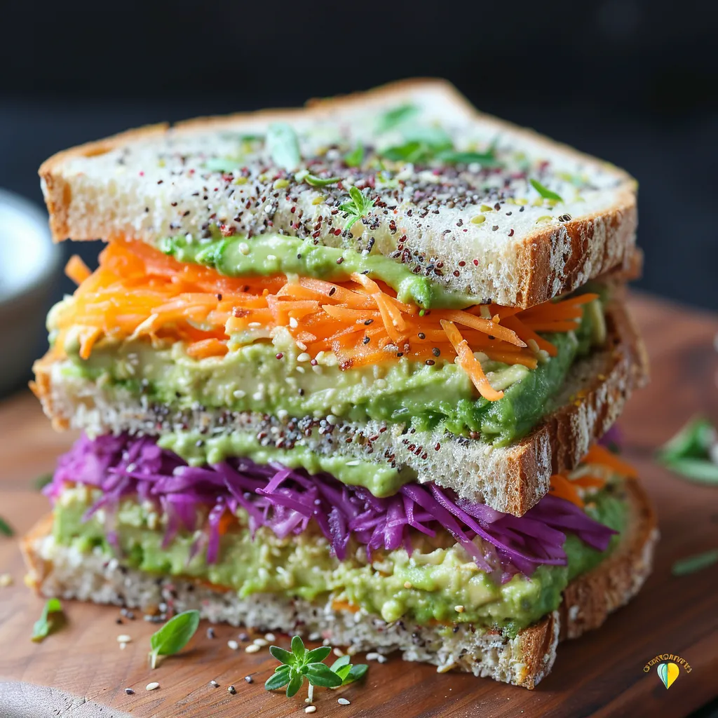 A stack of sandwiches with carrots and avocado.