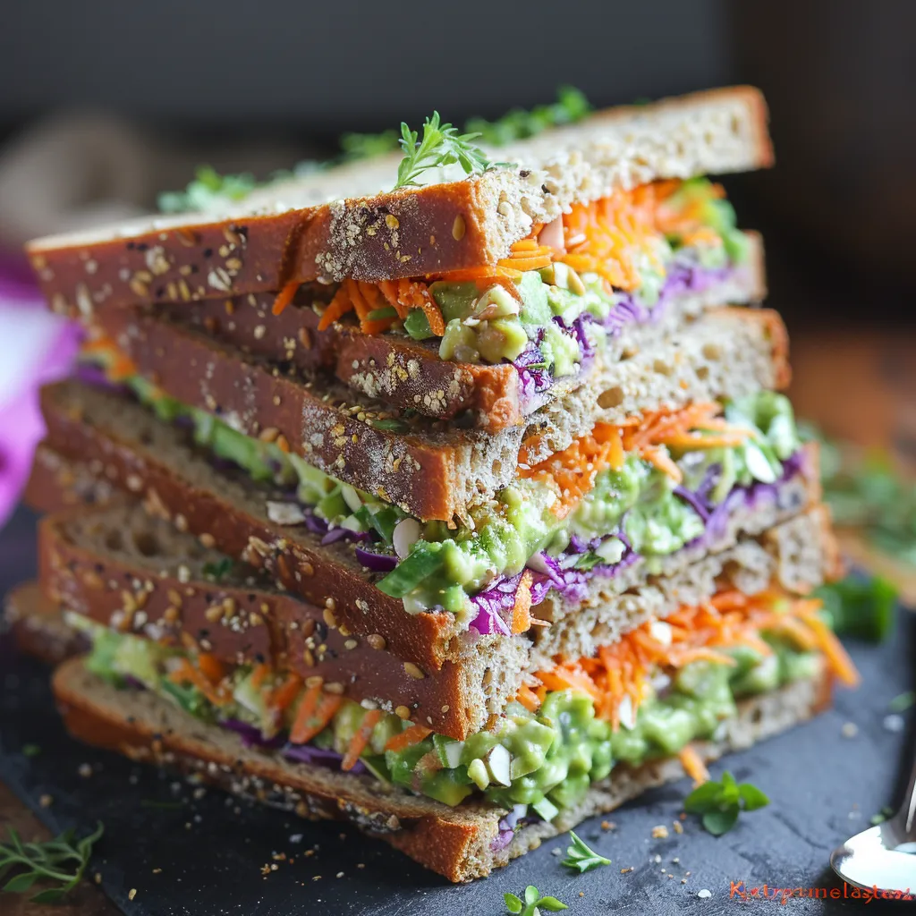 A stack of sandwiches with carrots and avocado.