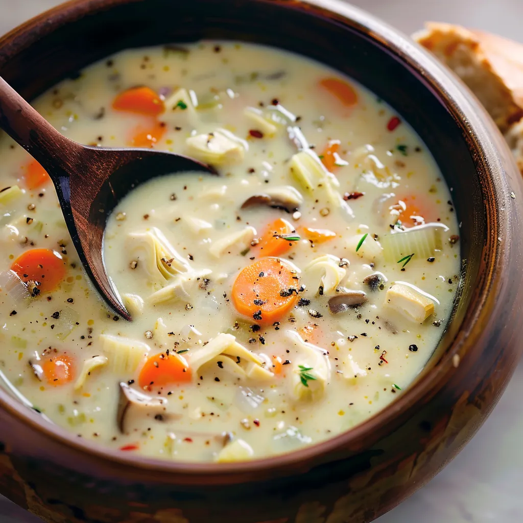 A steamy bowl of comforting soup with a serving spoon.