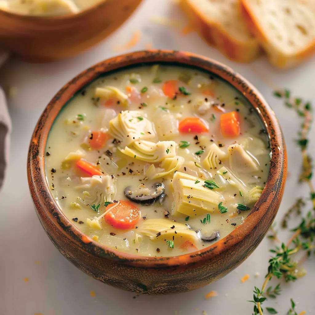 A bowl of soup with carrots and mushrooms.