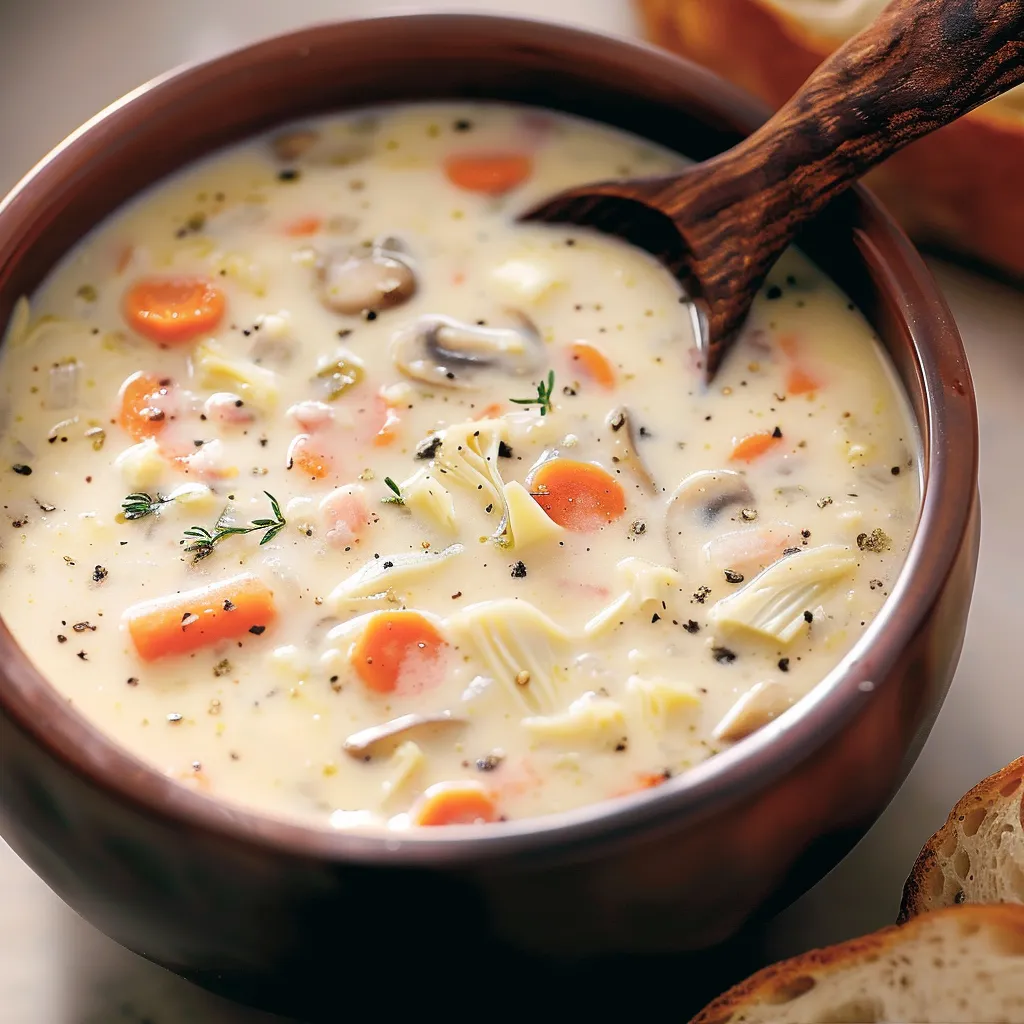 A bowl of soup with a spoon in it.