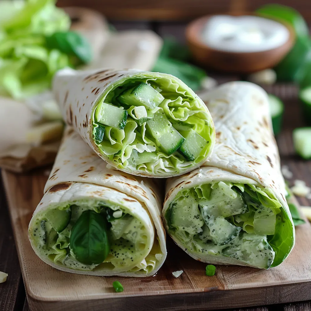 Tortilla wrap topped with sauce and greens.
