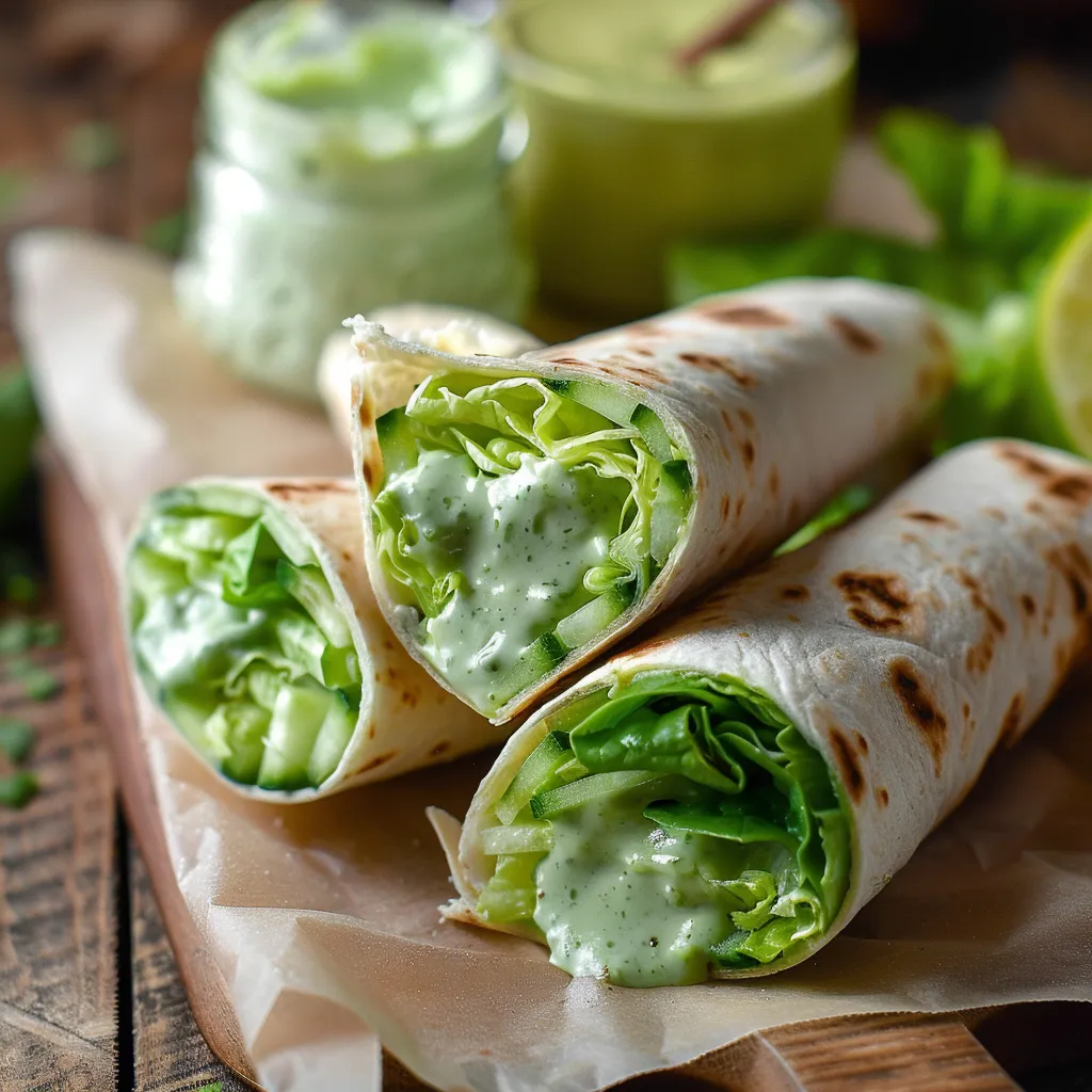 A plate with two wraps and a bowl of dip.