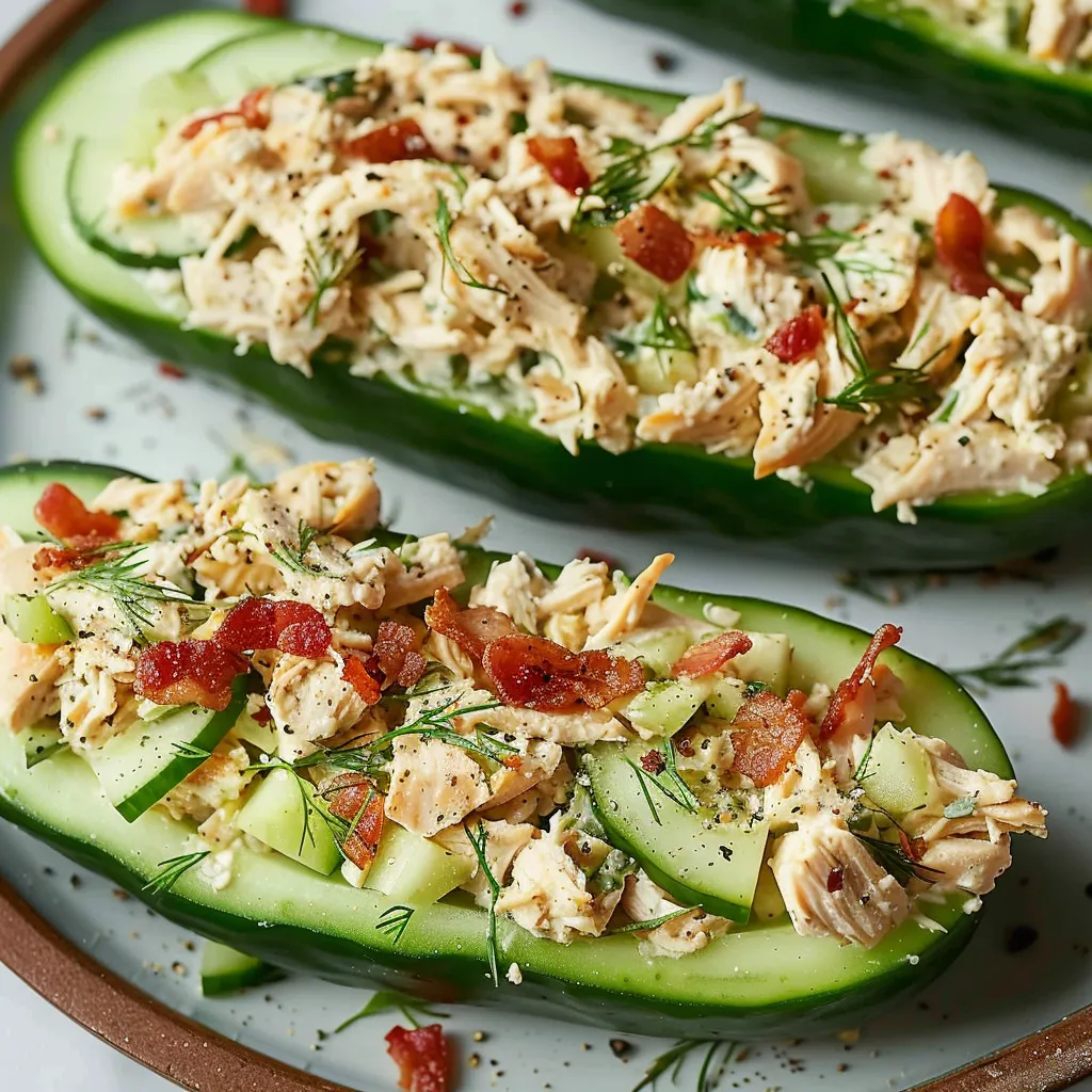 A plate piled with cucumber halves stuffed with chicken mix.