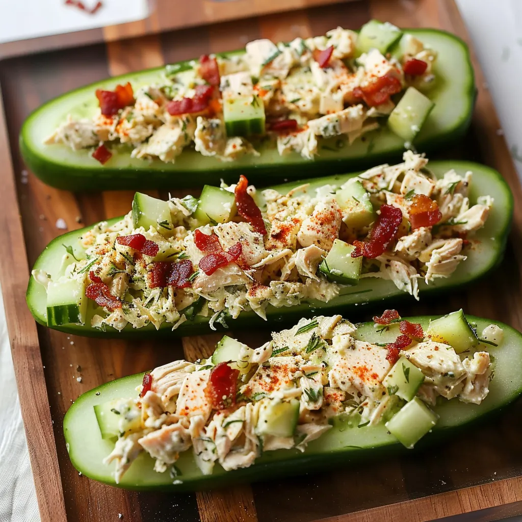 Three slices of cucumber with bacon and chicken.