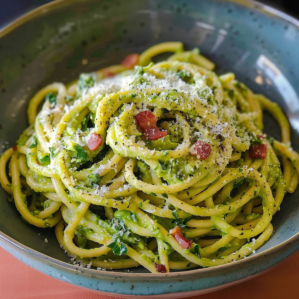 A comforting bowl of pasta topped with bacon and cheese.