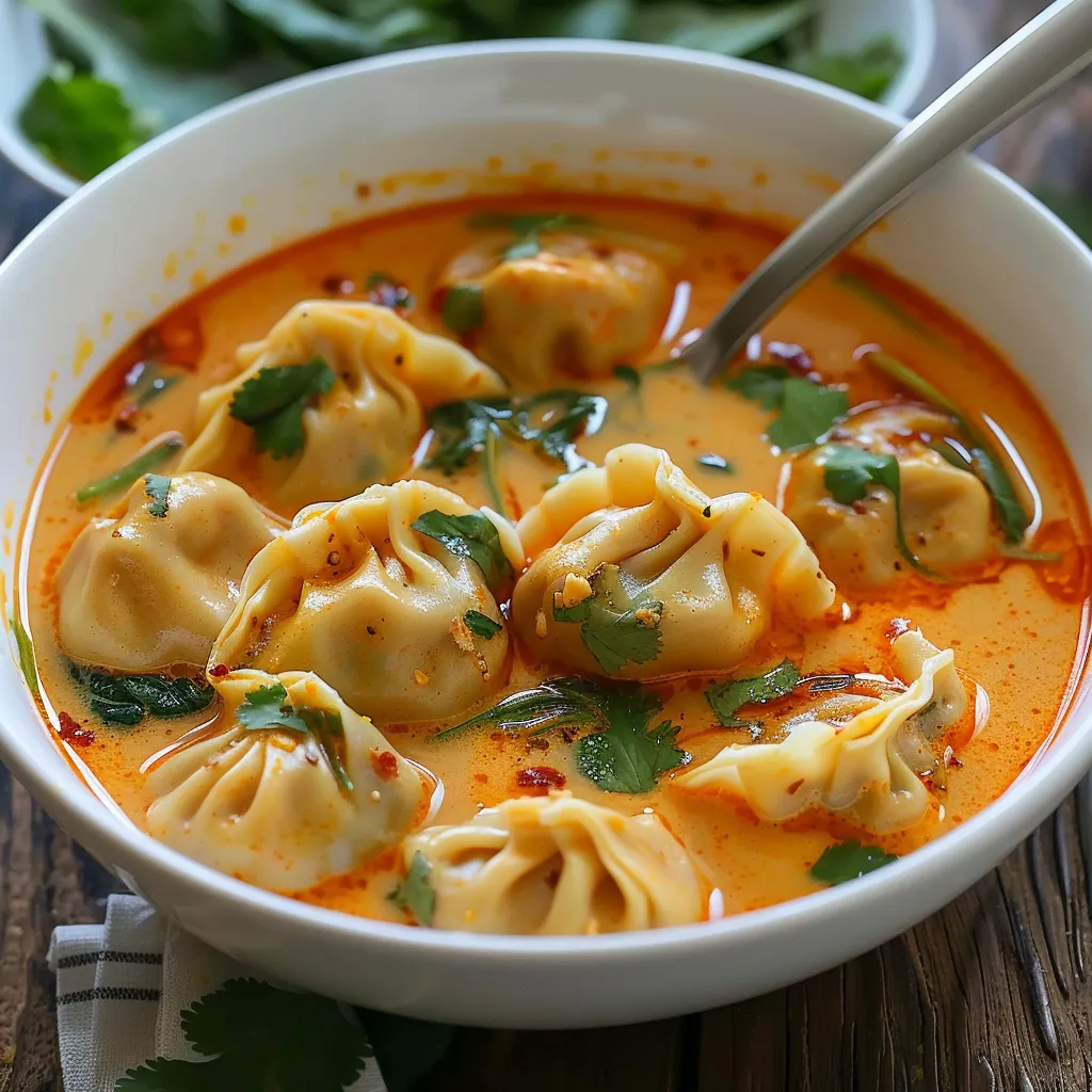 A steaming bowl of savory soup with dumplings.