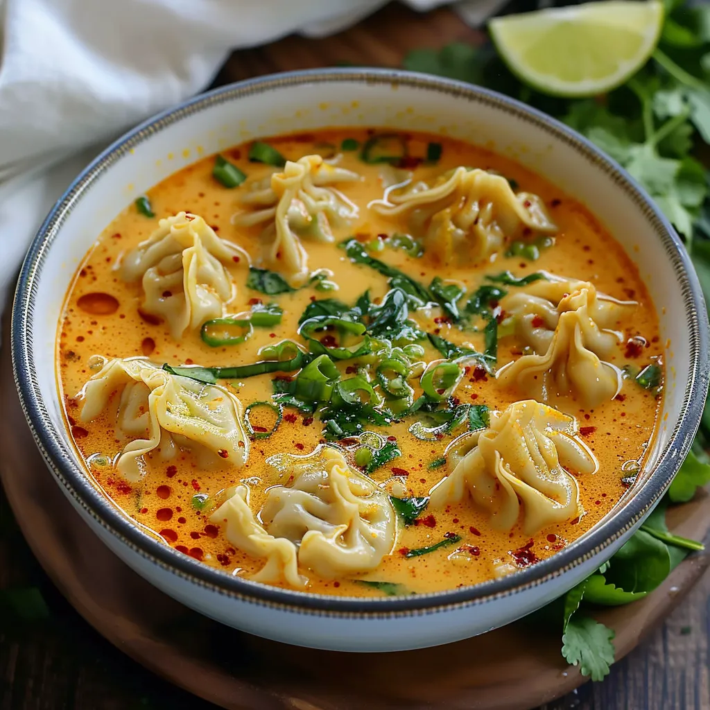 A bowl of soup with a green vegetable in it.