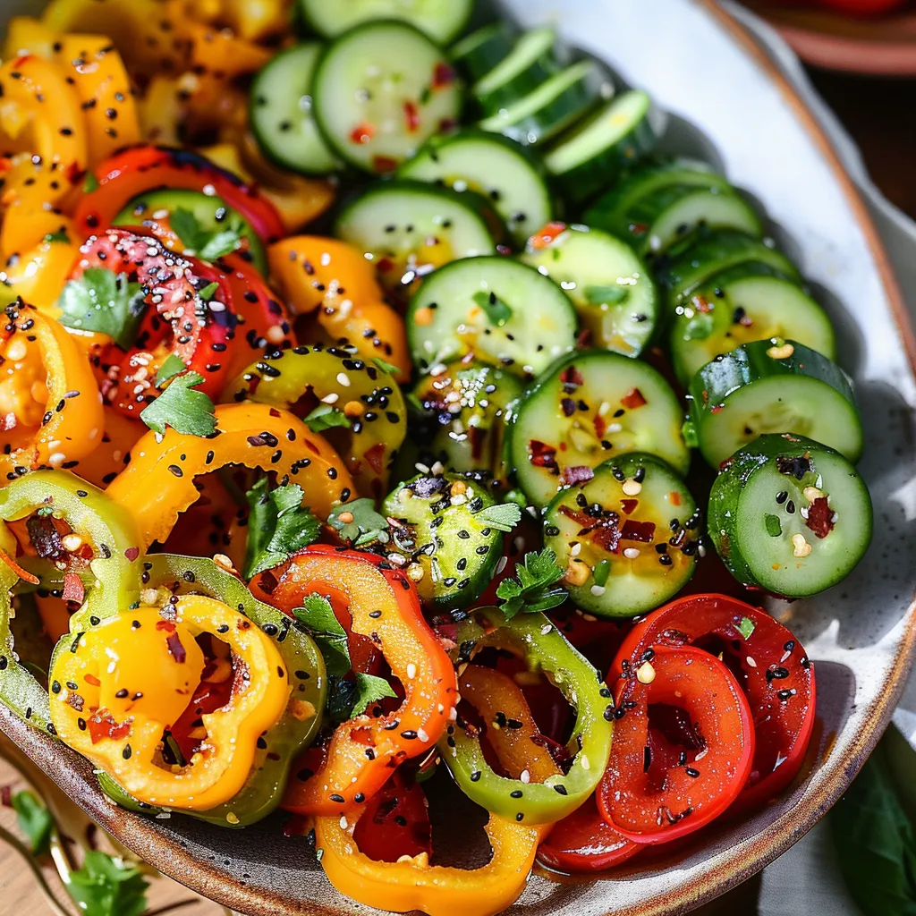 A vibrant medley of cucumbers, peppers, and tomatoes in a bowl.