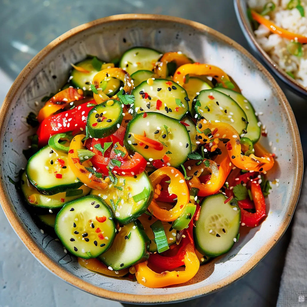 A bowl of vegetables including cucumbers, peppers, and tomatoes.