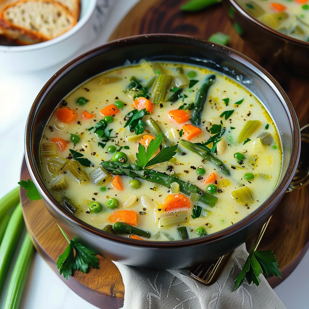 Fresh, vibrant soup with veggies and bread beside it.