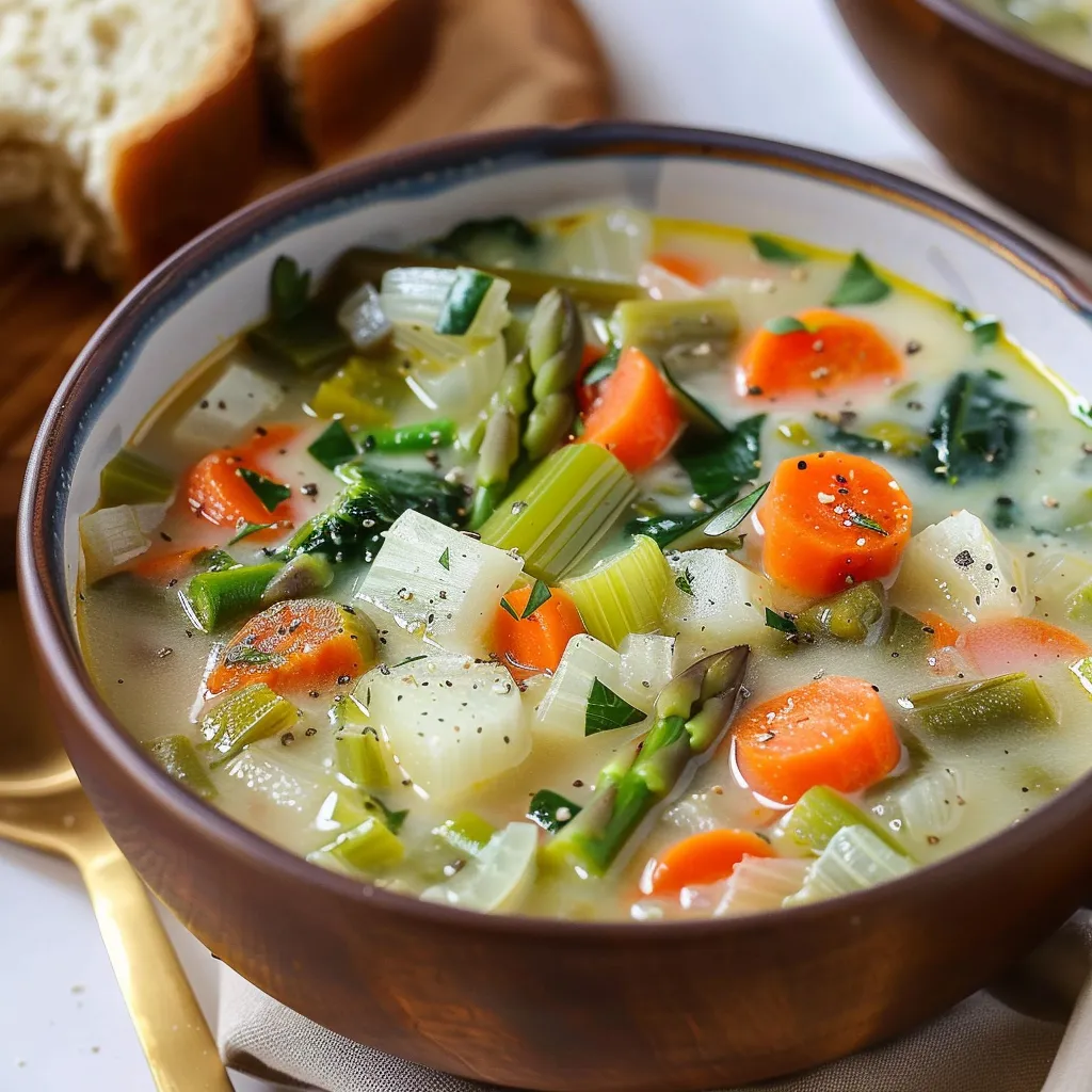 A bowl of soup with carrots and broccoli.