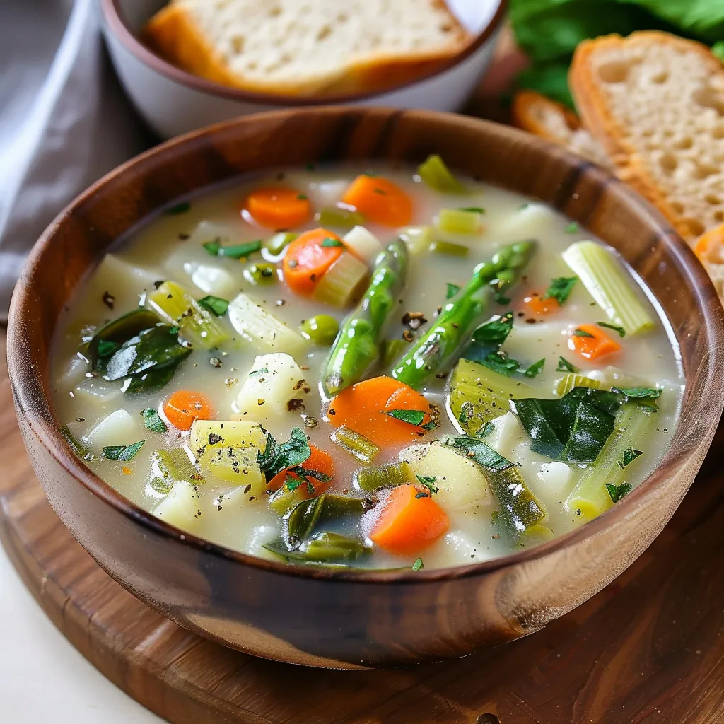 A bowl of soup with vegetables.