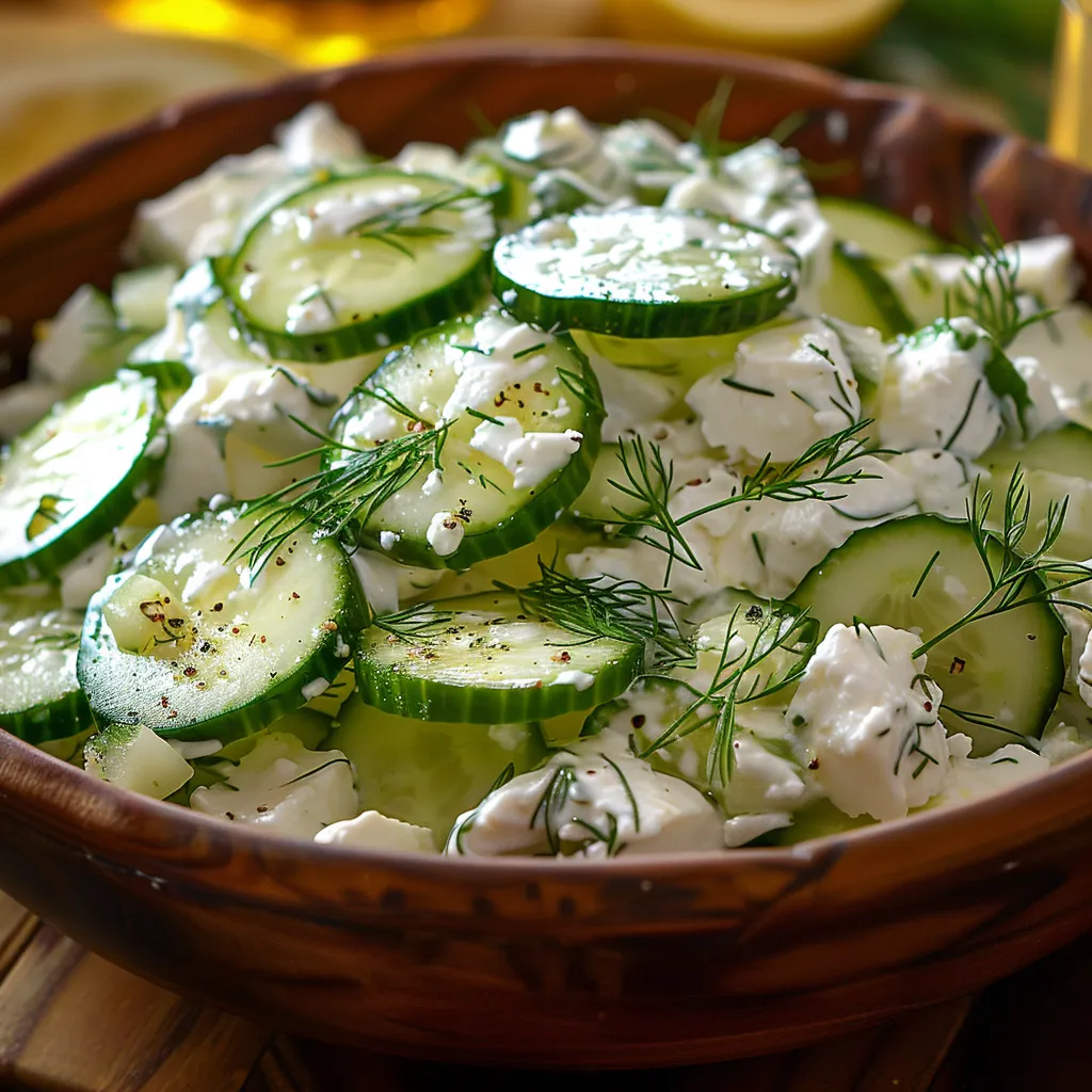 A chilled dish with cucumbers and cheese.