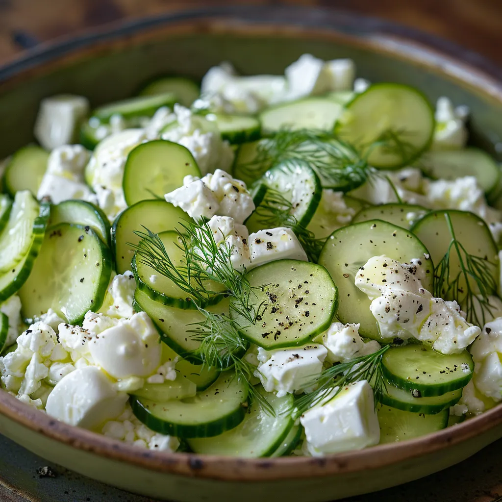 A refreshing cucumber and cottage cheese mixture in a serving bowl.