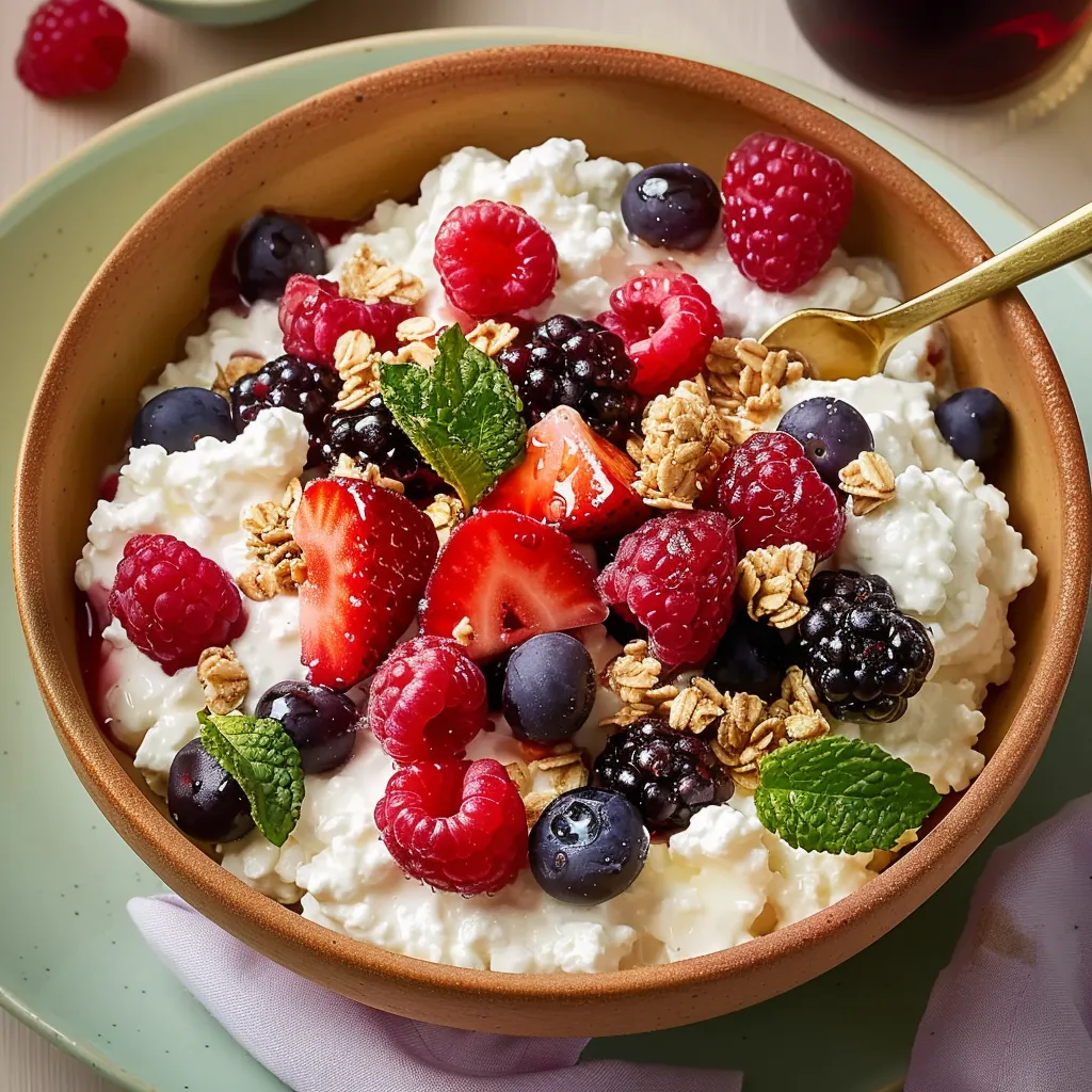 Bowl with cottage cheese, berries, and mint.