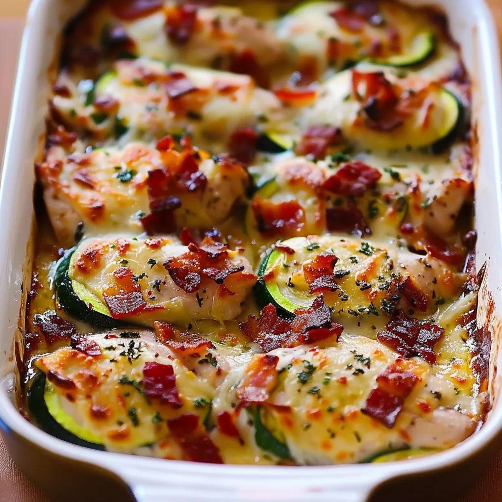 A baked dish with chicken, bacon, and zucchini.