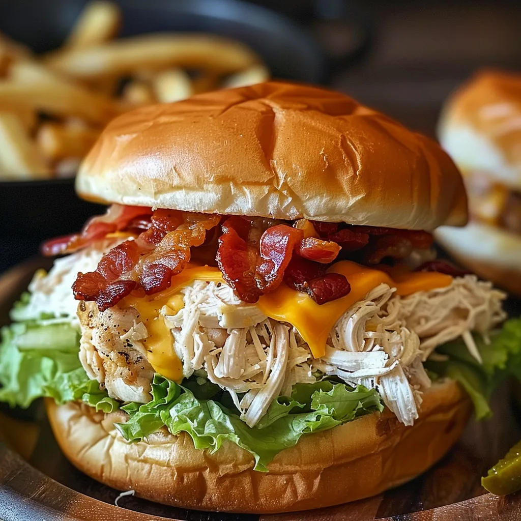 A sandwich stuffed with bacon, cheese, and veggies.