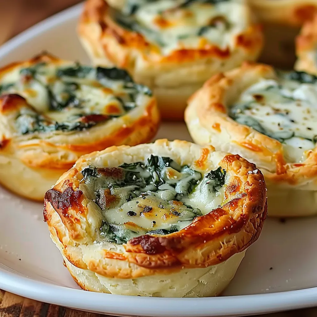 A dish holding savory spinach snacks with gooey cheese.