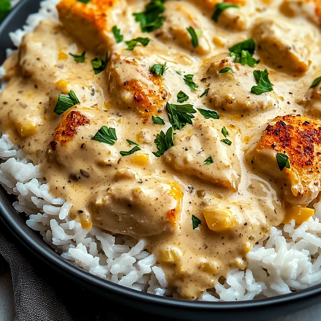 A hearty bowl of creamy chicken and rice with colorful vegetables.