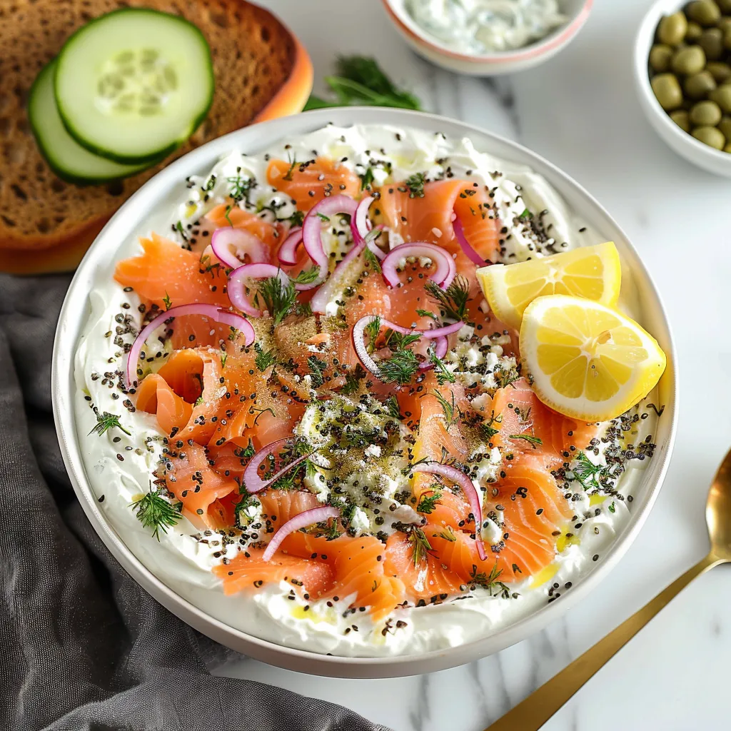 A plate topped with salmon dip and a lemon slice.