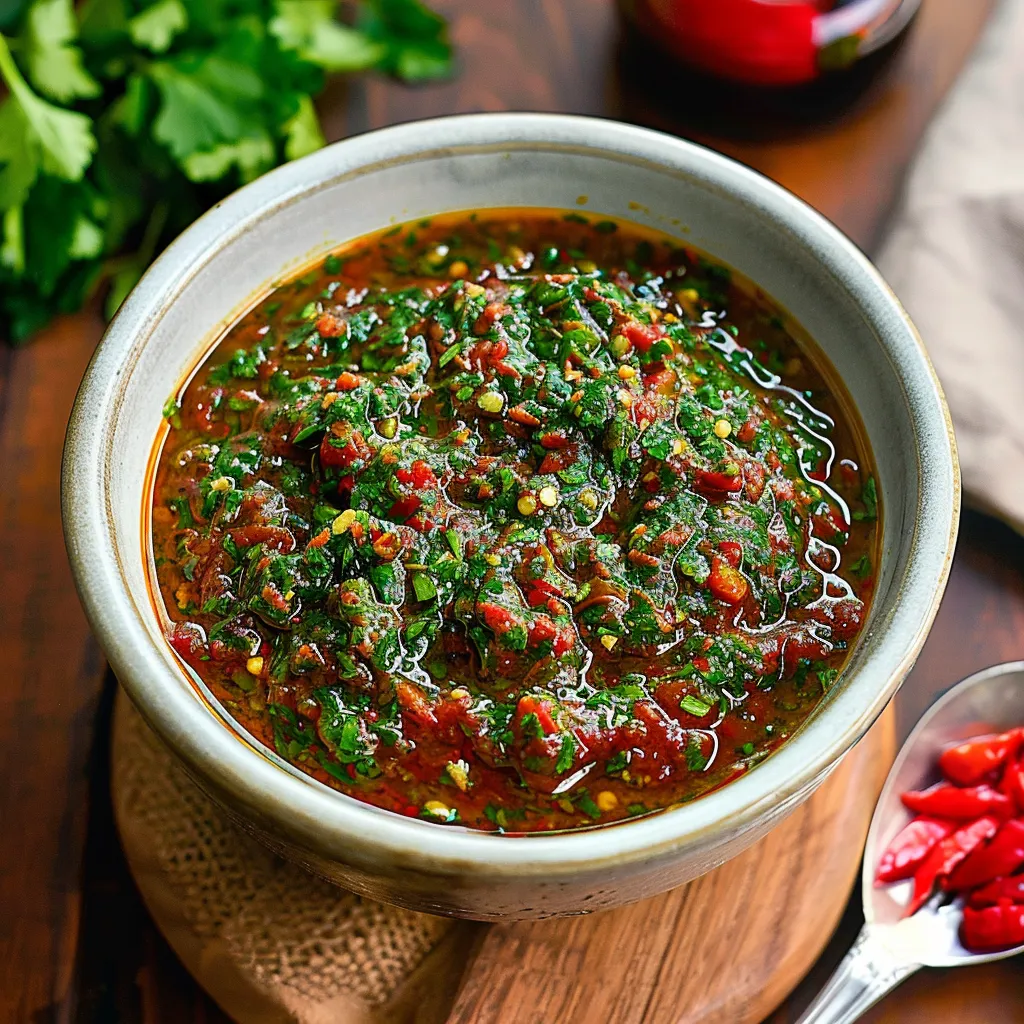 Bright sauce made with roasted peppers and fresh herbs.