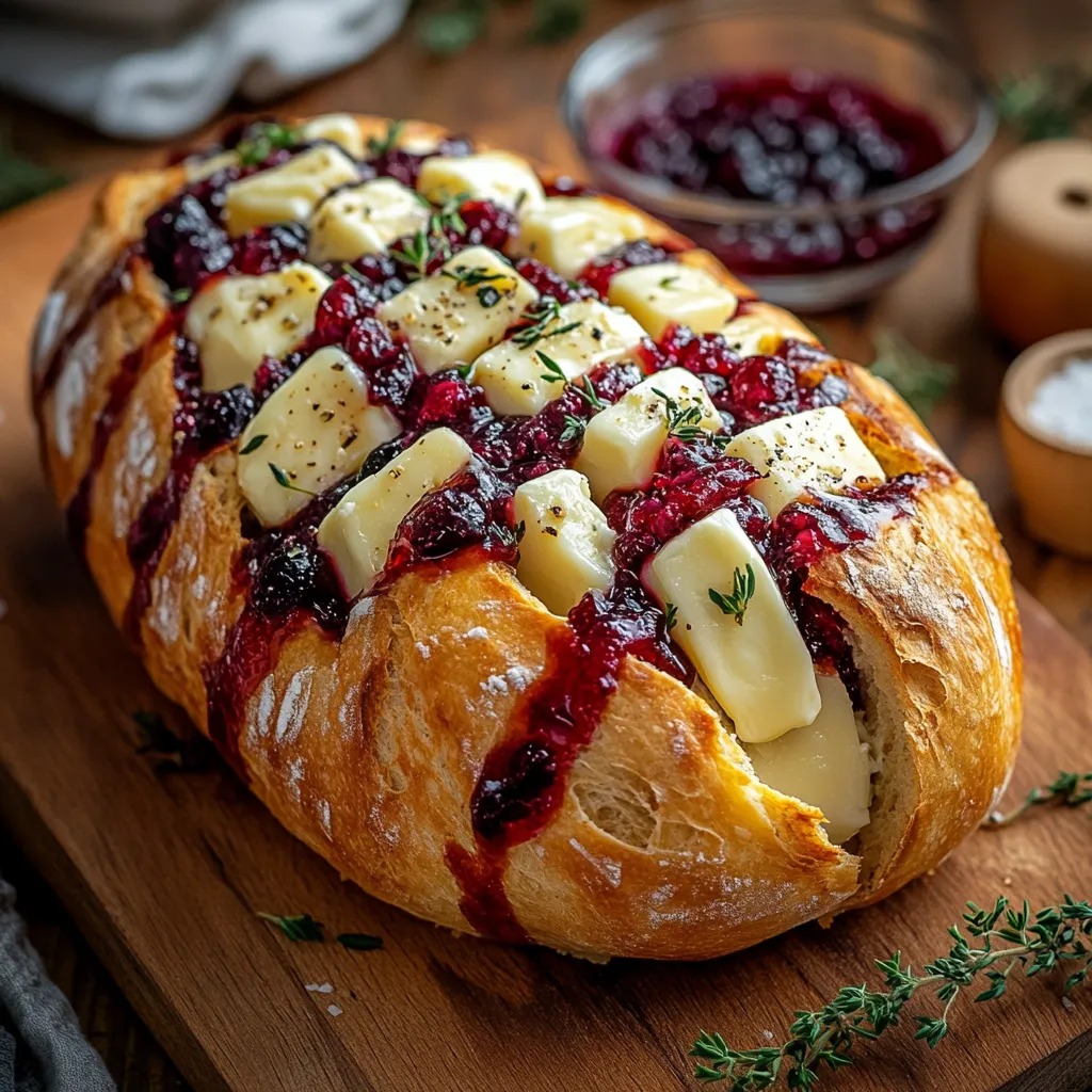 A loaf of bread with cheese and jelly on it.