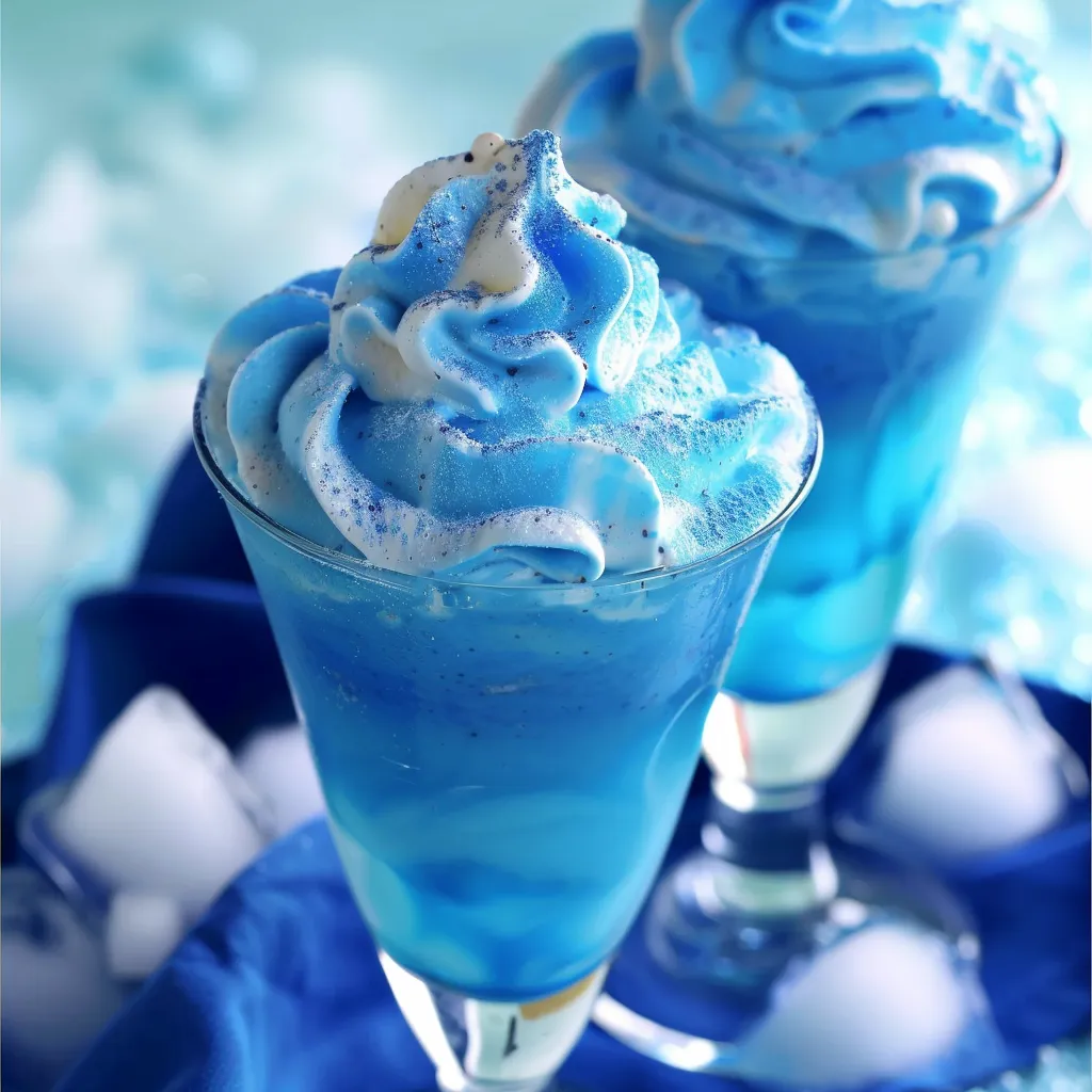 Two bright blue drinks with creamy toppings.