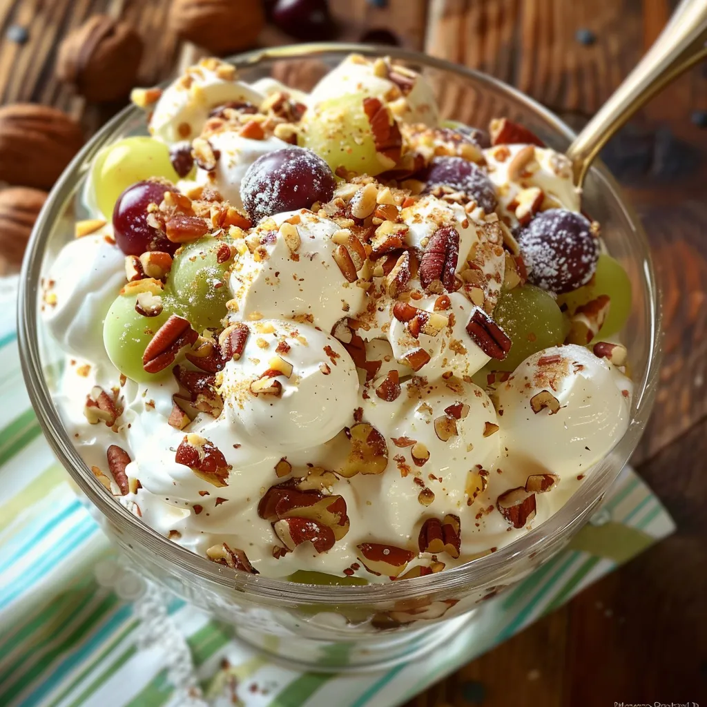 A dish of grapes topped with nuts.