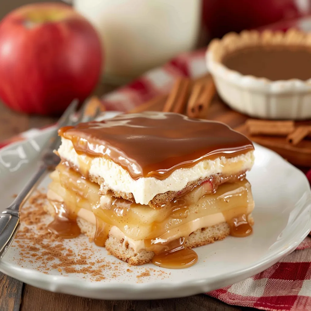 A dessert slice drizzled in rich caramel.