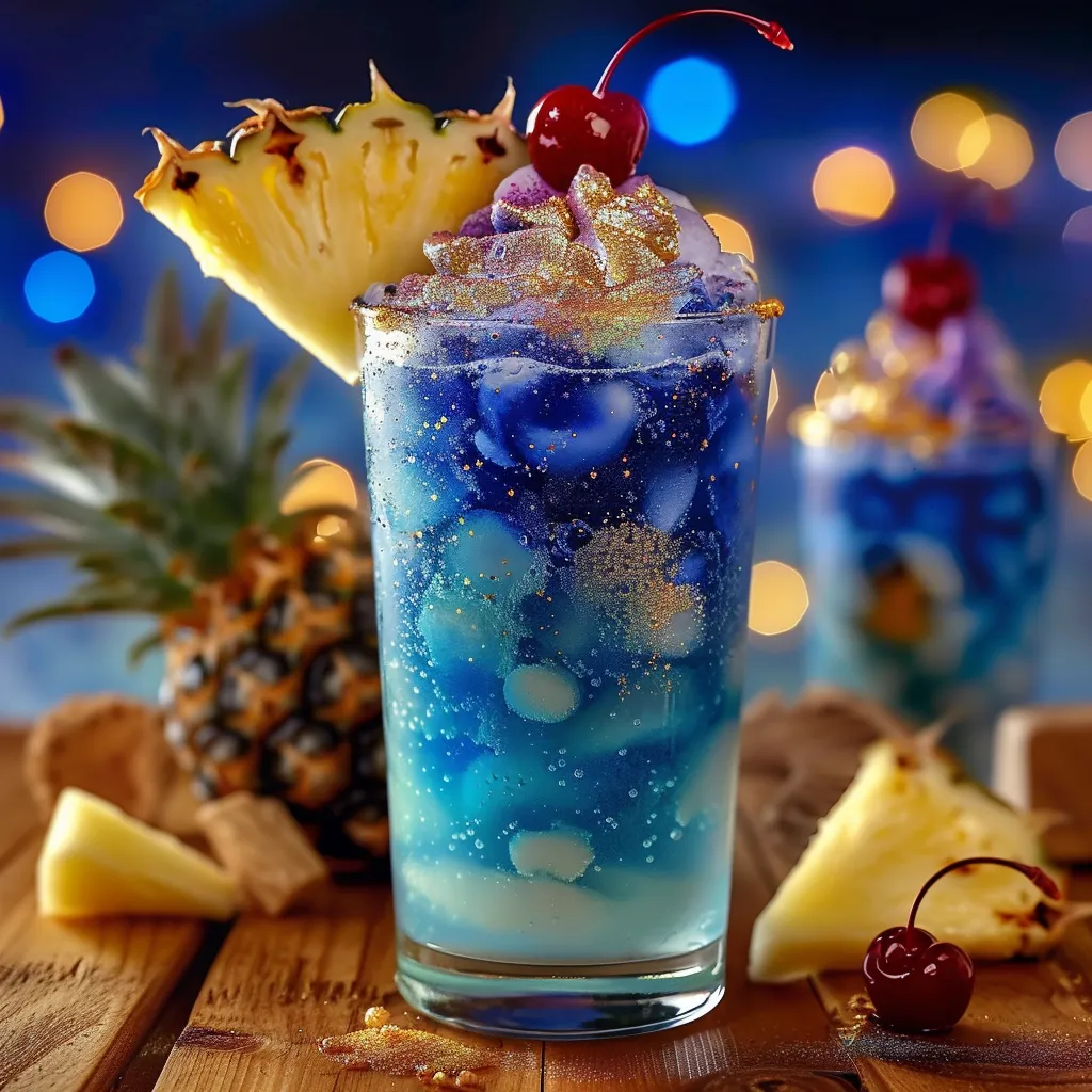 A tropical blue cocktail topped with pineapple and cherries.