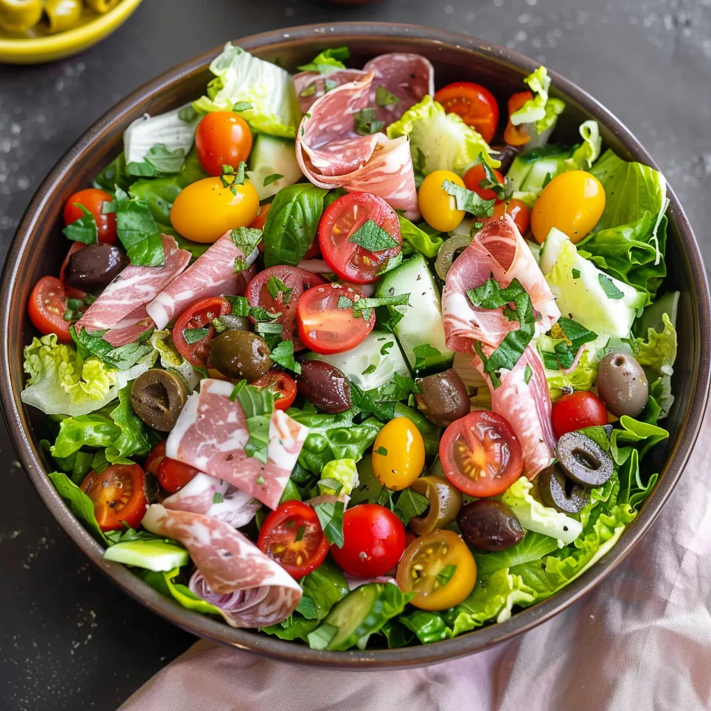Bowl of salad featuring lettuce, tomatoes, and ham.